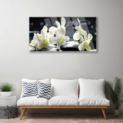 Glass Wall Art Flower stones floral white black