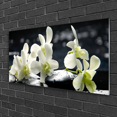 Glass Wall Art Flower stones floral white black