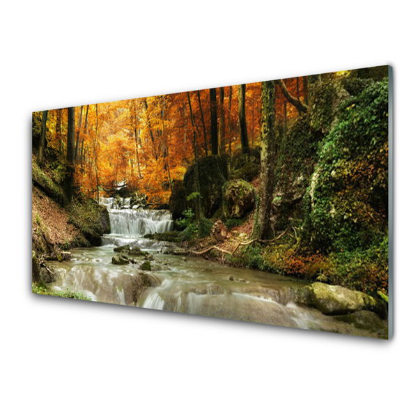 Glass Wall Art Waterfall forest nature green brown yellow