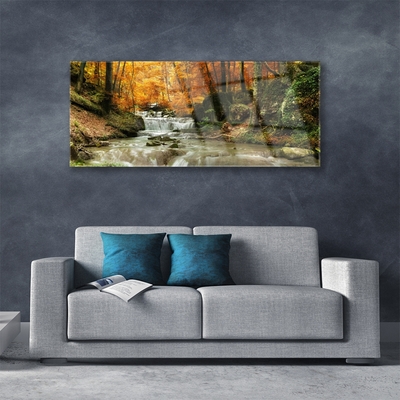 Glass Wall Art Waterfall forest nature green brown yellow