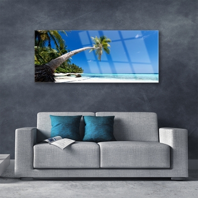 Glass Wall Art Beach palm tree sea landscape brown green blue