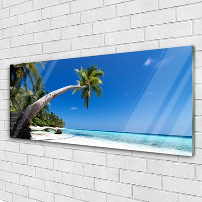 Glass Wall Art Beach palm tree sea landscape brown green blue