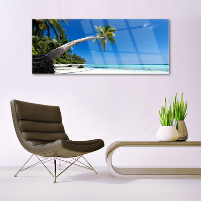 Glass Wall Art Beach palm tree sea landscape brown green blue