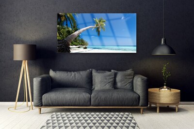 Glass Wall Art Beach palm tree sea landscape brown green blue