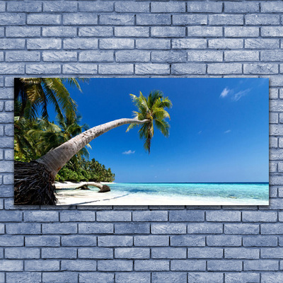 Glass Wall Art Beach palm tree sea landscape brown green blue