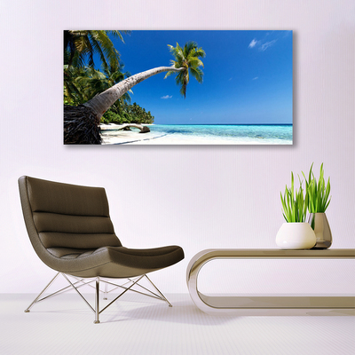 Glass Wall Art Beach palm tree sea landscape brown green blue