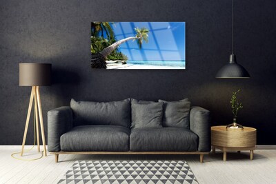 Glass Wall Art Beach palm tree sea landscape brown green blue