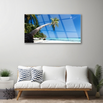 Glass Wall Art Beach palm tree sea landscape brown green blue