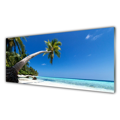 Glass Wall Art Beach palm tree sea landscape brown green blue