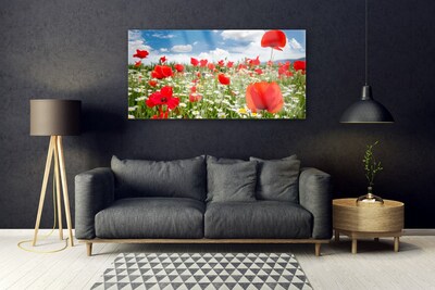 Glass Wall Art Meadow flowers nature red white green