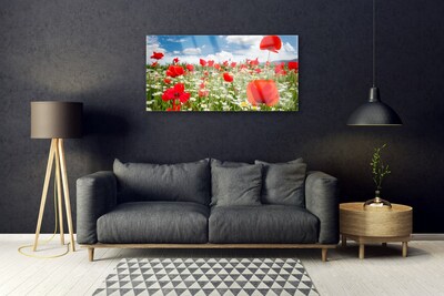 Glass Wall Art Meadow flowers nature red white green