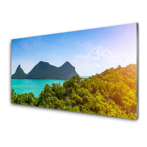 Glass Wall Art Mountains sea trees landscape grey blue green