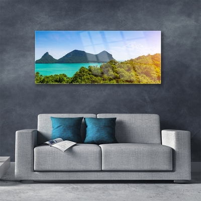 Glass Wall Art Mountains sea trees landscape grey blue green