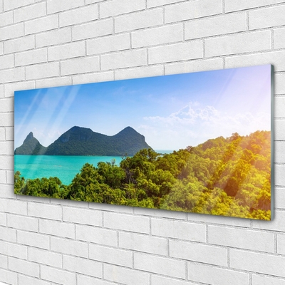 Glass Wall Art Mountains sea trees landscape grey blue green