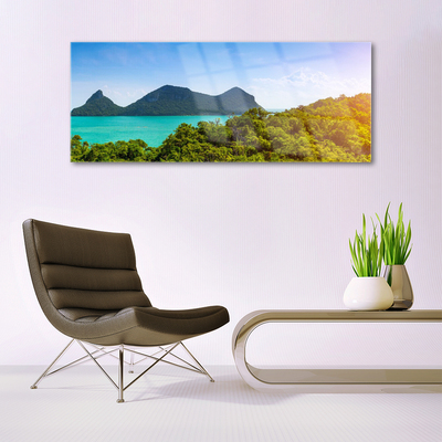 Glass Wall Art Mountains sea trees landscape grey blue green