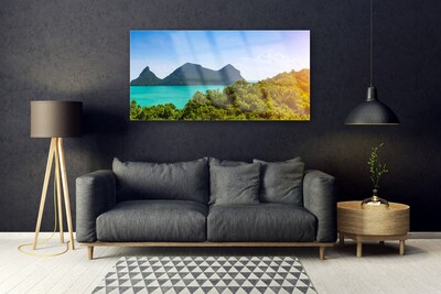 Glass Wall Art Mountains sea trees landscape grey blue green