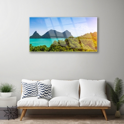 Glass Wall Art Mountains sea trees landscape grey blue green