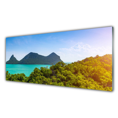 Glass Wall Art Mountains sea trees landscape grey blue green