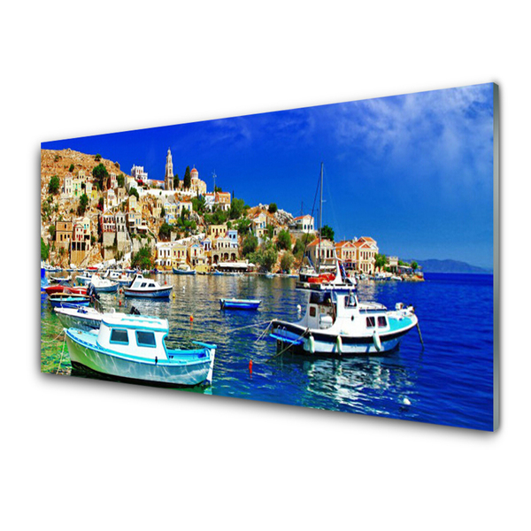 Glass Wall Art Boats city sea landscape blue white brown green