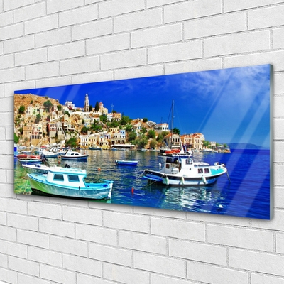 Glass Wall Art Boats city sea landscape blue white brown green