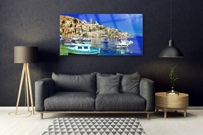 Glass Wall Art Boats city sea landscape blue white brown green