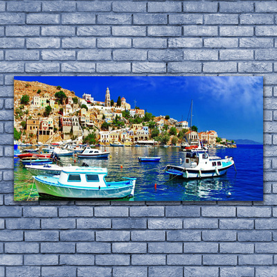 Glass Wall Art Boats city sea landscape blue white brown green