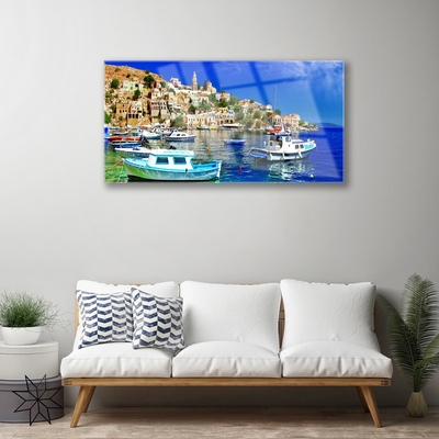 Glass Wall Art Boats city sea landscape blue white brown green