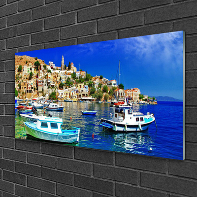 Glass Wall Art Boats city sea landscape blue white brown green