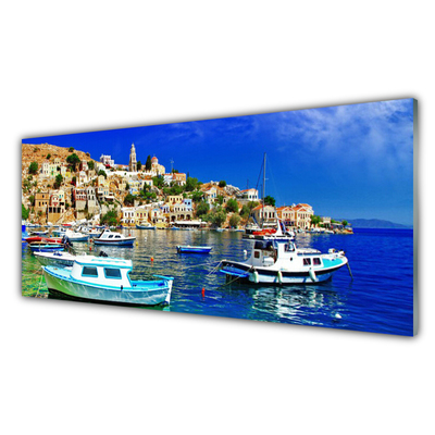 Glass Wall Art Boats city sea landscape blue white brown green