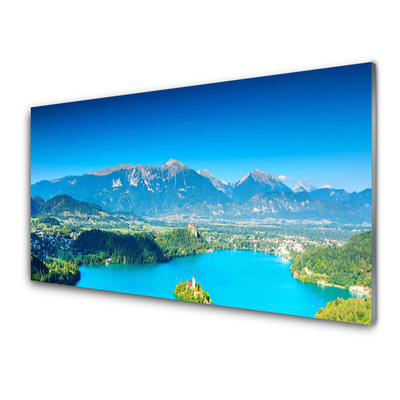 Glass Wall Art Mountain lake landscape grey blue green