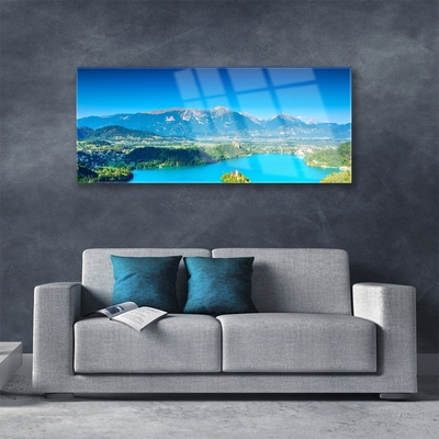 Glass Wall Art Mountain lake landscape grey blue green