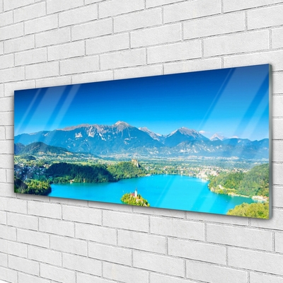 Glass Wall Art Mountain lake landscape grey blue green