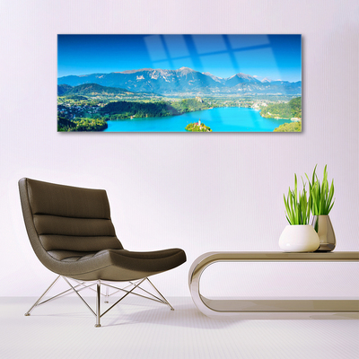 Glass Wall Art Mountain lake landscape grey blue green