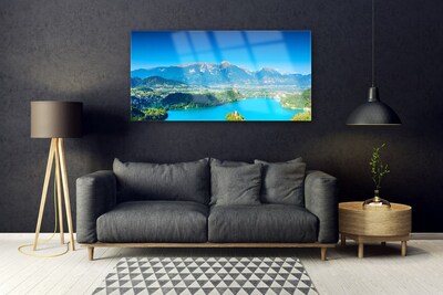 Glass Wall Art Mountain lake landscape grey blue green