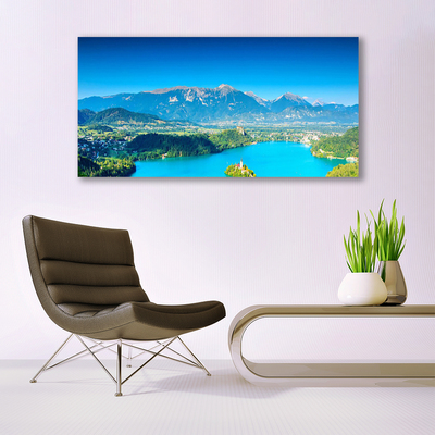 Glass Wall Art Mountain lake landscape grey blue green