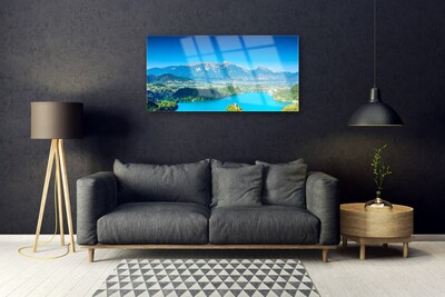 Glass Wall Art Mountain lake landscape grey blue green