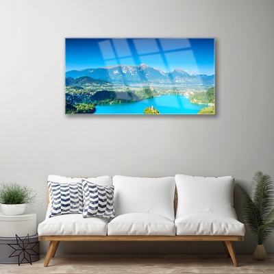 Glass Wall Art Mountain lake landscape grey blue green