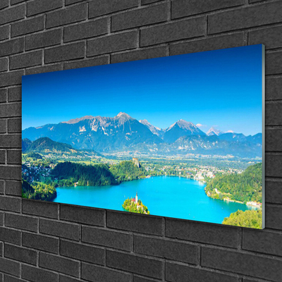 Glass Wall Art Mountain lake landscape grey blue green