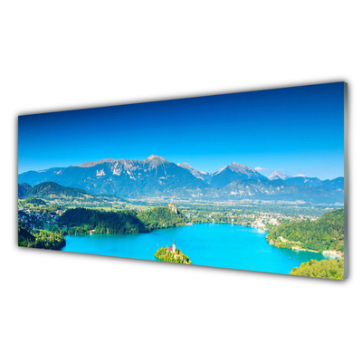 Glass Wall Art Mountain lake landscape grey blue green