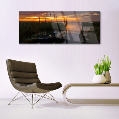 Glass Wall Art Boats sea grass landscape brown white green grey