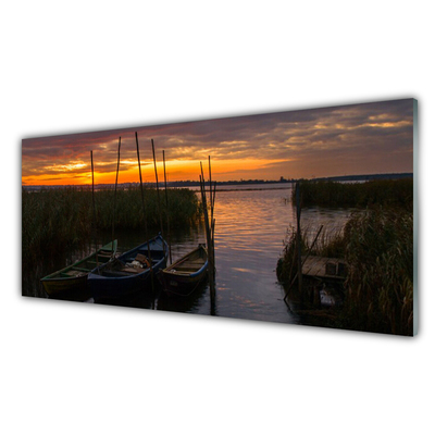 Glass Wall Art Boats sea grass landscape brown white green grey