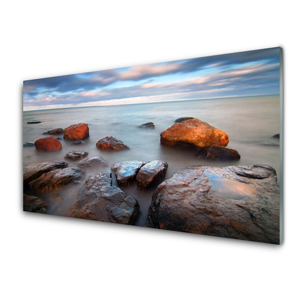 Glass Wall Art Stones sea landscape grey yellow blue