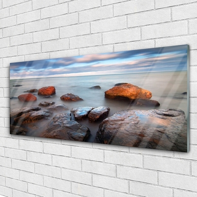 Glass Wall Art Stones sea landscape grey yellow blue