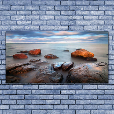 Glass Wall Art Stones sea landscape grey yellow blue