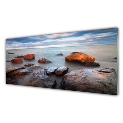 Glass Wall Art Stones sea landscape grey yellow blue