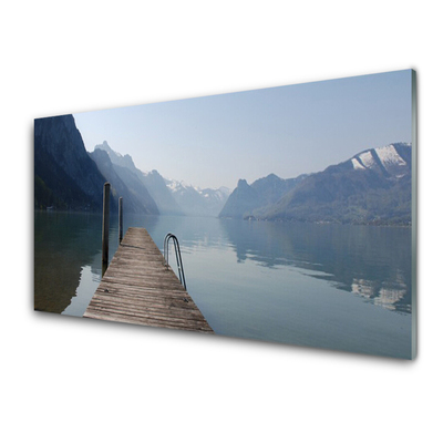 Glass Wall Art Mountains lake bridge architecture grey green brown