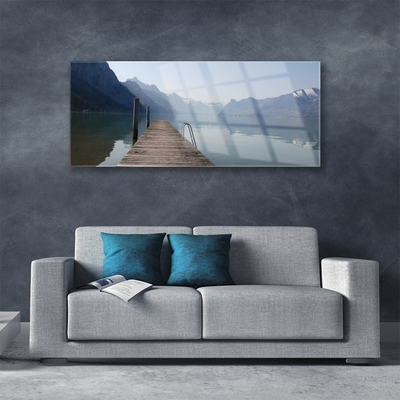 Glass Wall Art Mountains lake bridge architecture grey green brown