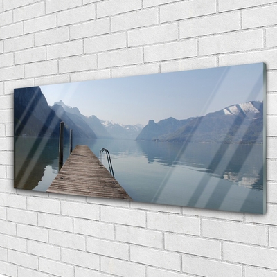 Glass Wall Art Mountains lake bridge architecture grey green brown