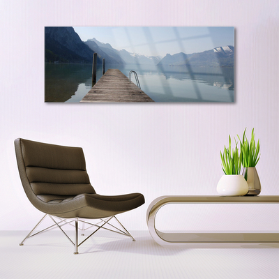 Glass Wall Art Mountains lake bridge architecture grey green brown