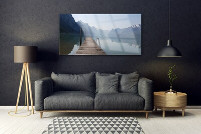 Glass Wall Art Mountains lake bridge architecture grey green brown